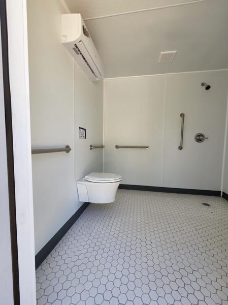 Multi-stall container restroom layout by ForgeX Industries