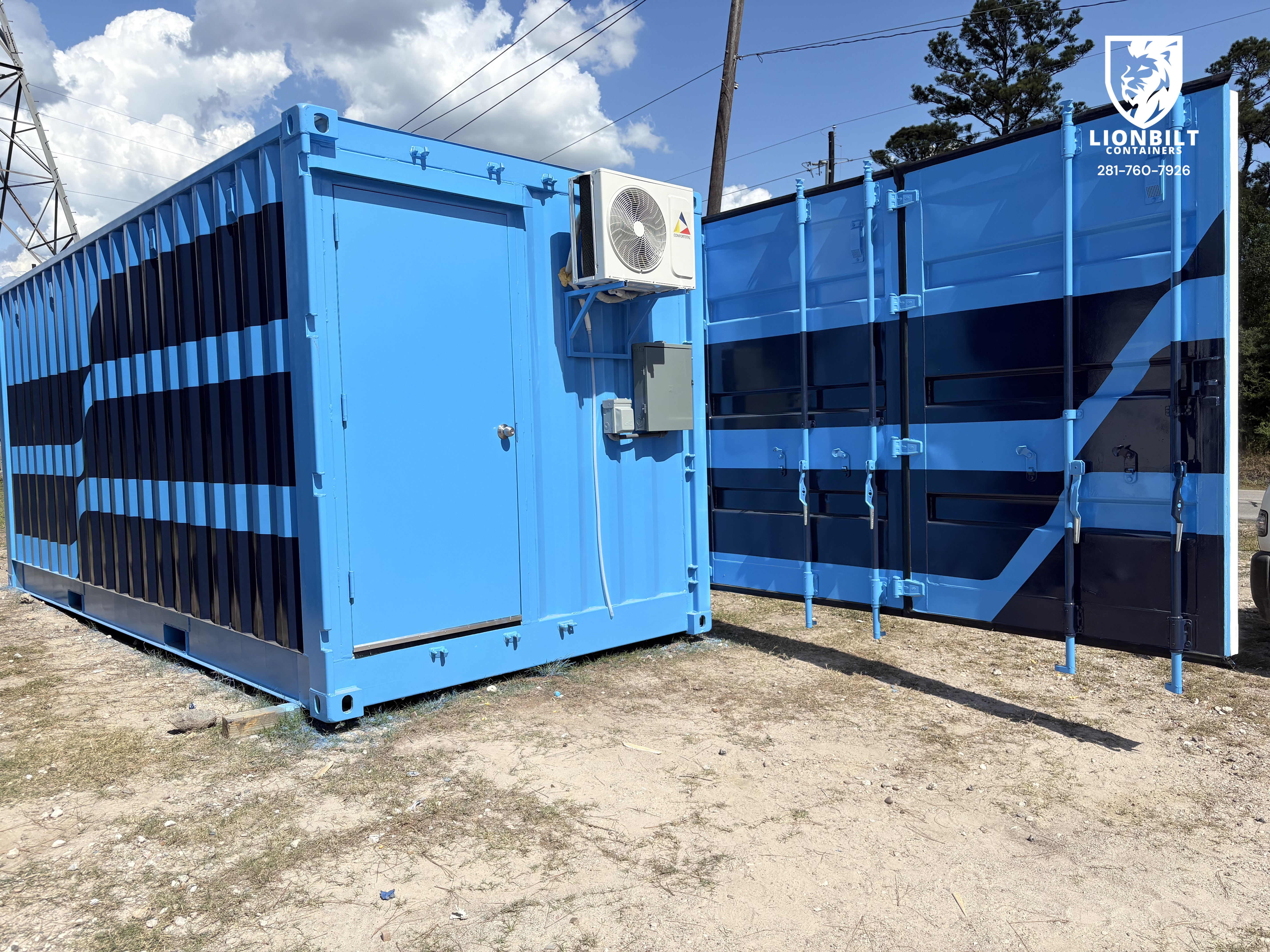 Custom shipping container exterior paint black and blue, angle view 3