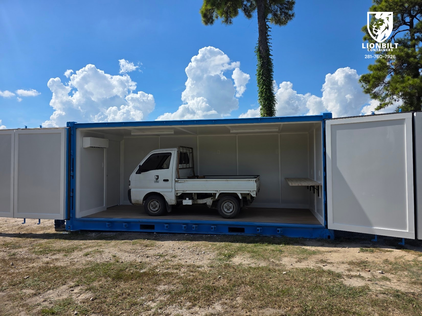 Custom shipping container exterior paint black and blue, angle view 1